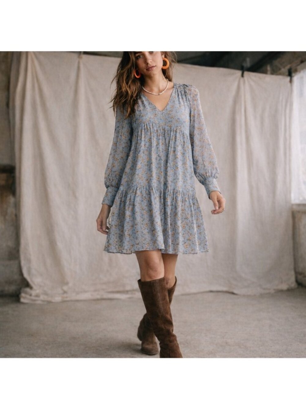 Sézane Aurena Dress Vintage Blue Praire FR 46/US 14 Floral Mini Romantic Boho - Picture 16 of 16